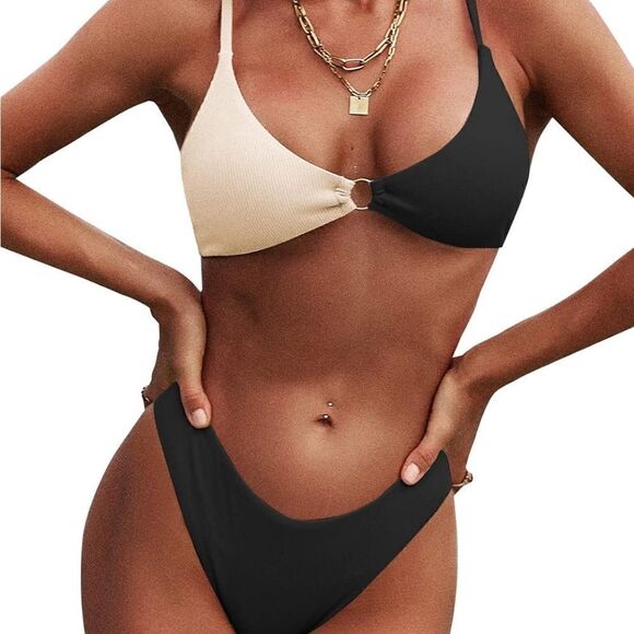 Two Tone Ribbed O-Ring Bikini Bathing Suit - Picture 1 of 4